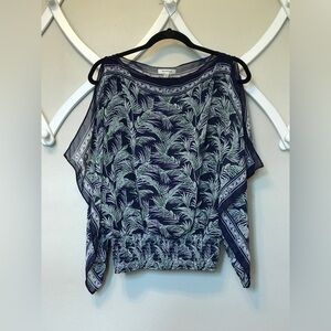 Max Studio Navy Blue Tank Top with Tropical Palm Leaf Overlay